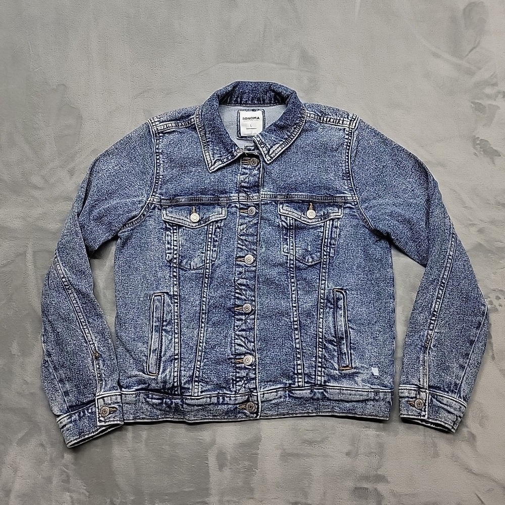 Sonoma Jacket Womens Large Blue Acid Wash Distressed Trucker Button Up Stretch